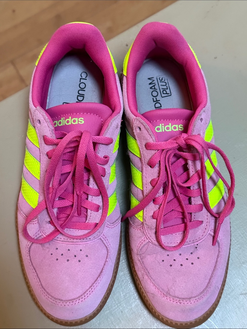adidas Women’s Pink Suede Sneakers with Neon Yellow Stripes